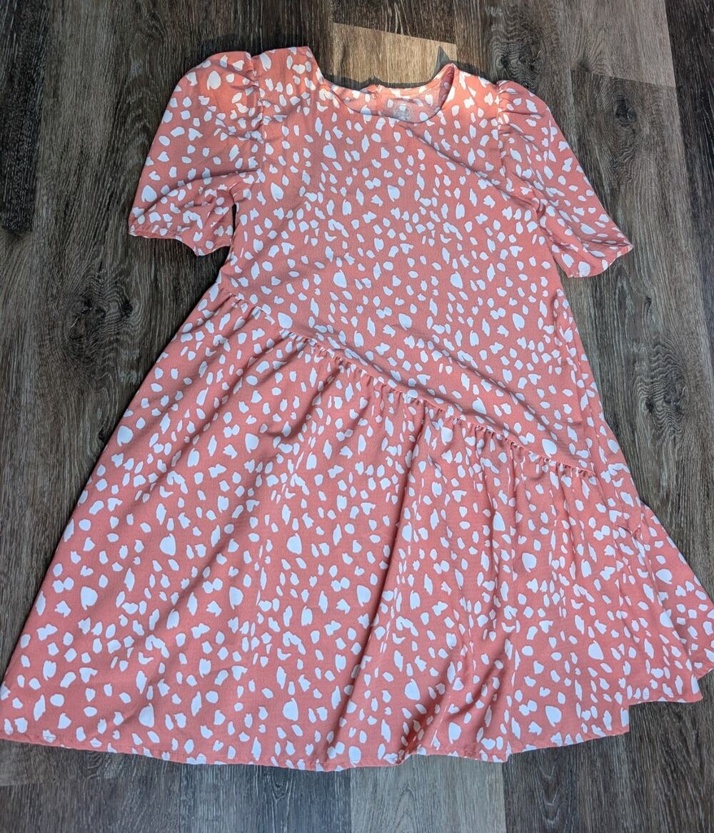 2 Wonder Nation Girls Asymmetrical Ruffle Dress Coral Pink Spotted Size M 7-8 A
